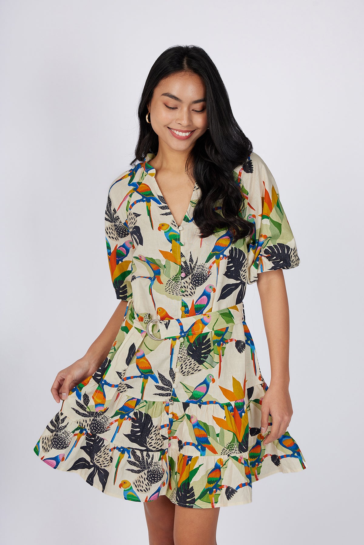 Cream Tropical Printed Tunic Dress