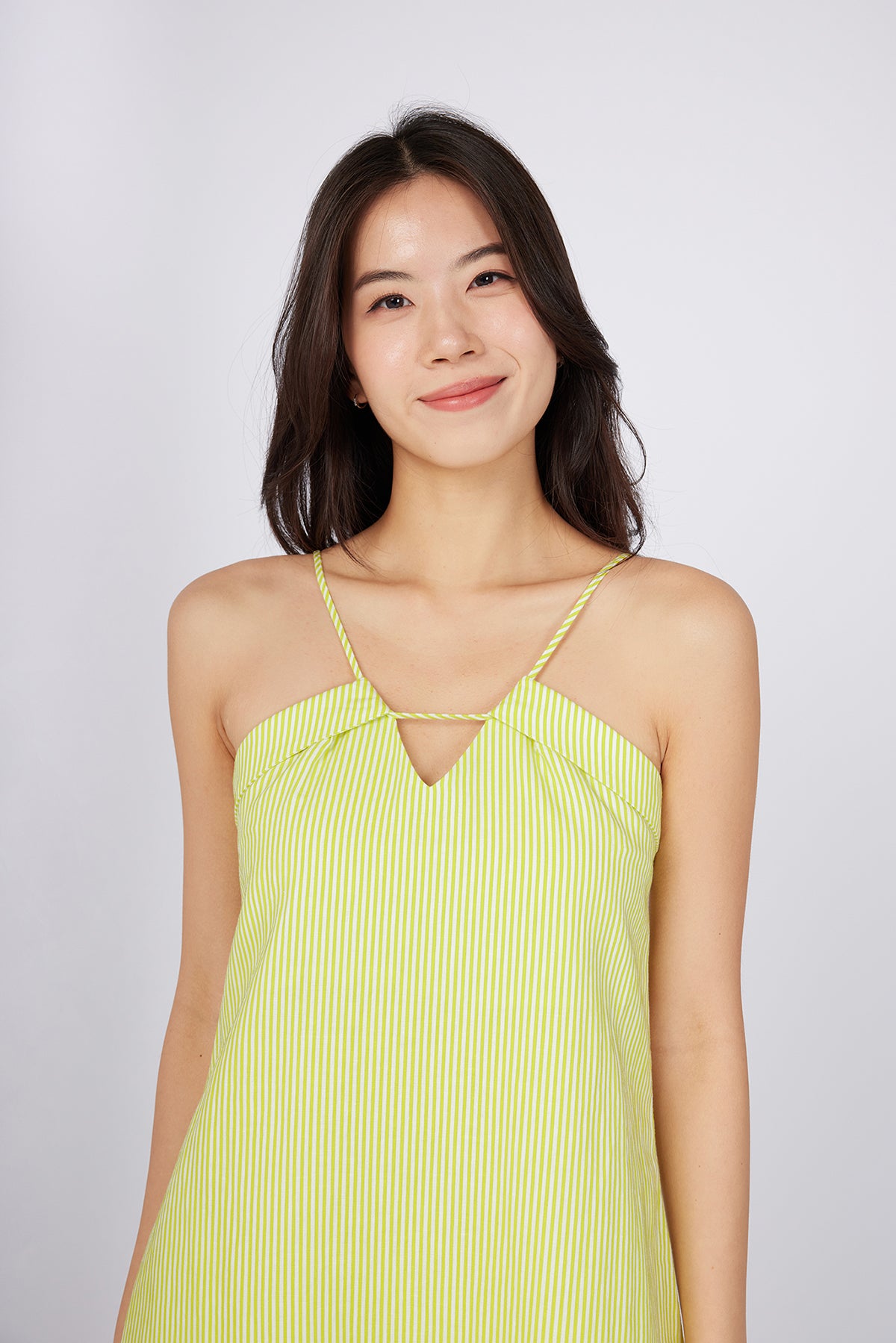 Maxi Dress with V-Neckline and Tie-Back Straps Lime Yellow Pinstripe