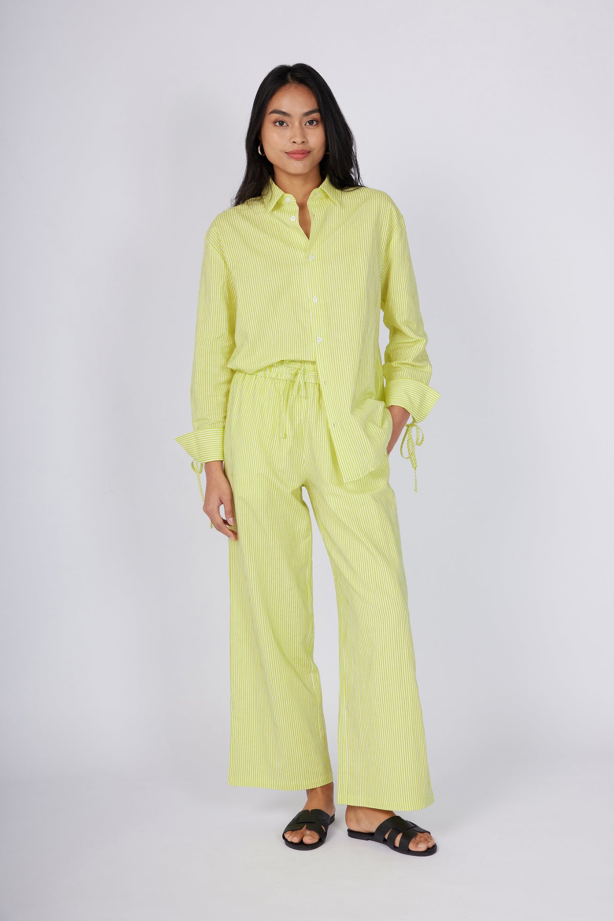 Yellow Pinstripe Wide-Leg Pull-On Trousers