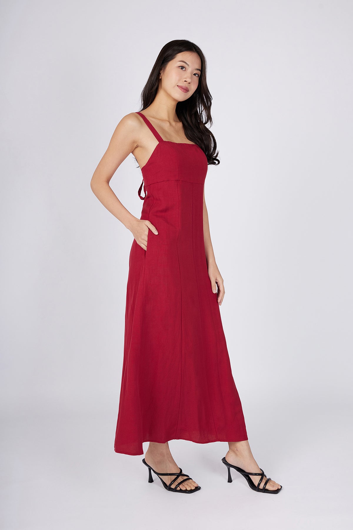 Red Padded Midi Dress with Tie Detail