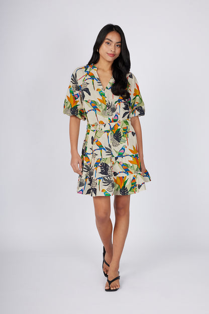 Cream Tropical Printed Tunic Dress