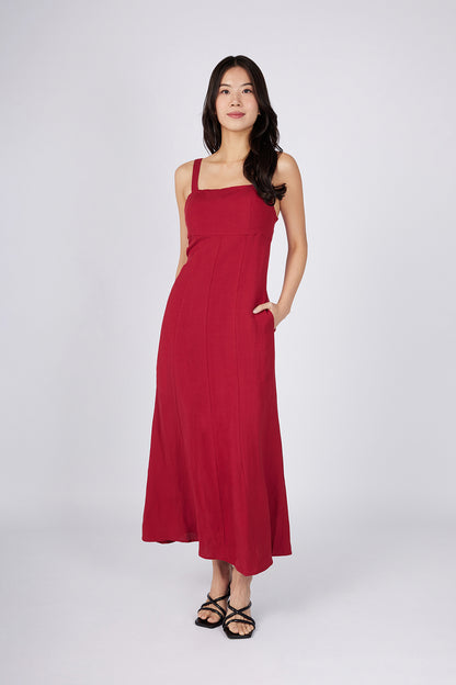 Red Padded Midi Dress with Tie Detail