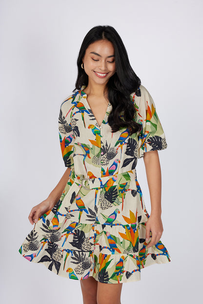 Cream Tropical Printed Tunic Dress