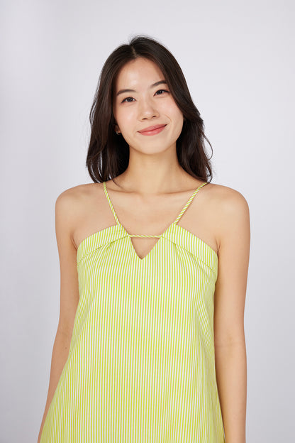 Maxi Dress with V-Neckline and Tie-Back Straps Lime Yellow Pinstripe