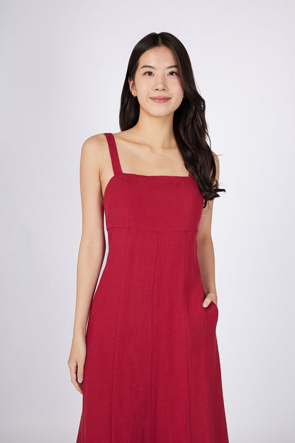 Red Padded Midi Dress with Tie Detail
