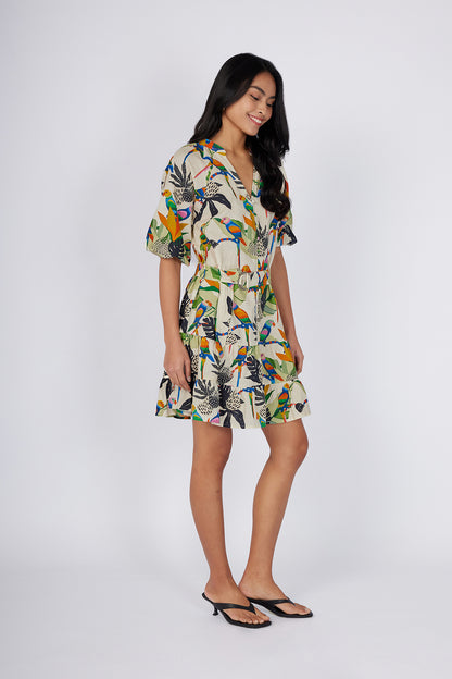 Cream Tropical Printed Tunic Dress