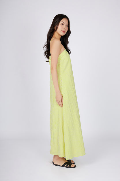 Maxi Dress with V-Neckline and Tie-Back Straps Lime Yellow Pinstripe