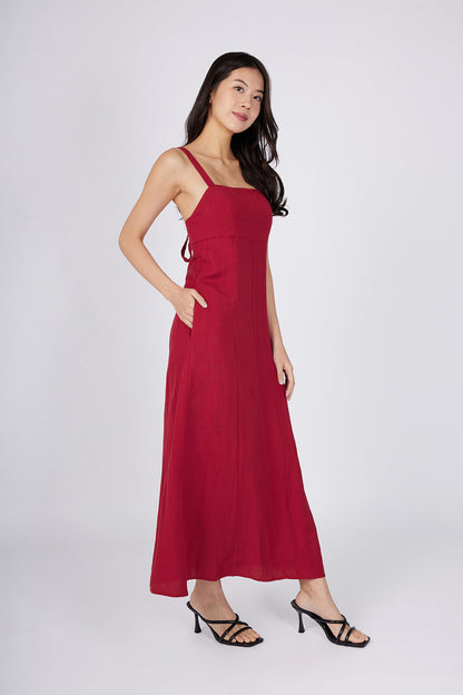 Red Padded Midi Dress with Tie Detail