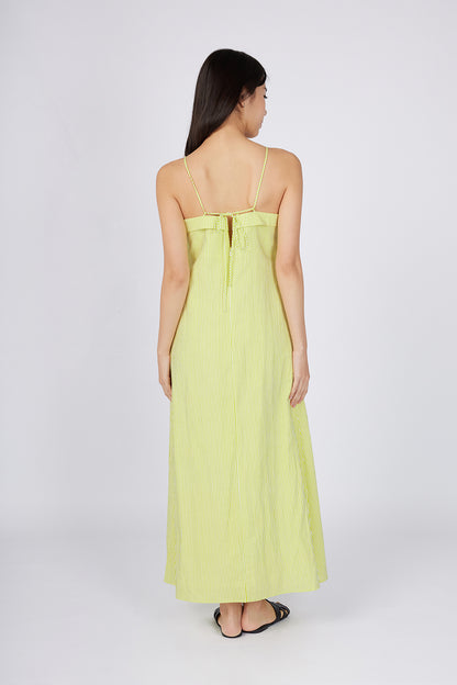 Maxi Dress with V-Neckline and Tie-Back Straps Lime Yellow Pinstripe