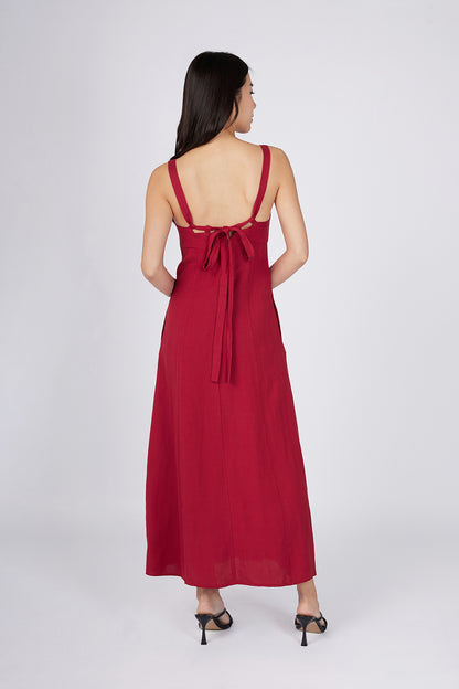 Red Padded Midi Dress with Tie Detail
