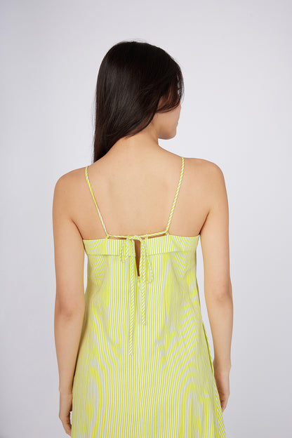Maxi Dress with V-Neckline and Tie-Back Straps Lime Yellow Pinstripe