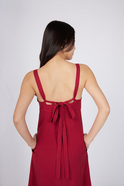 Red Padded Midi Dress with Tie Detail