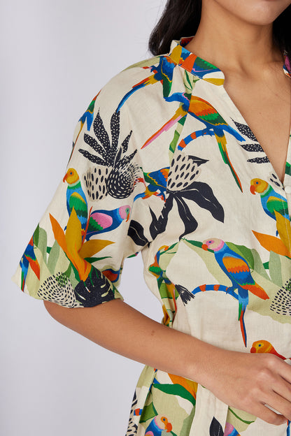 Cream Tropical Printed Tunic Dress