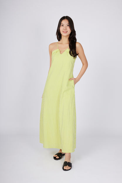 Maxi Dress with V-Neckline and Tie-Back Straps Lime Yellow Pinstripe