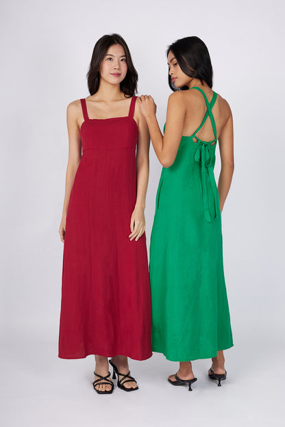 Red Padded Midi Dress with Tie Detail